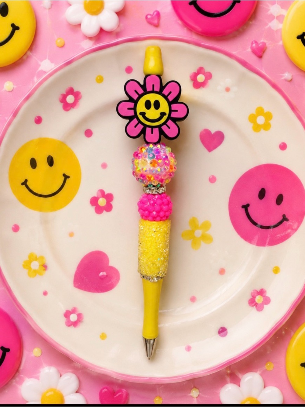 Handmade Happy Daisy Beaded Ballpoint Pen - Pink & Yellow